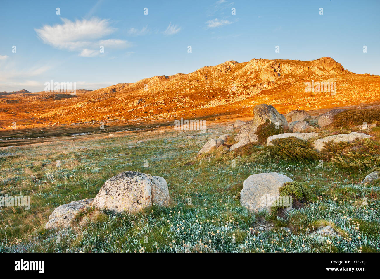 First light on Etheridge Range in Kosciuszko National Park. Stock Photo