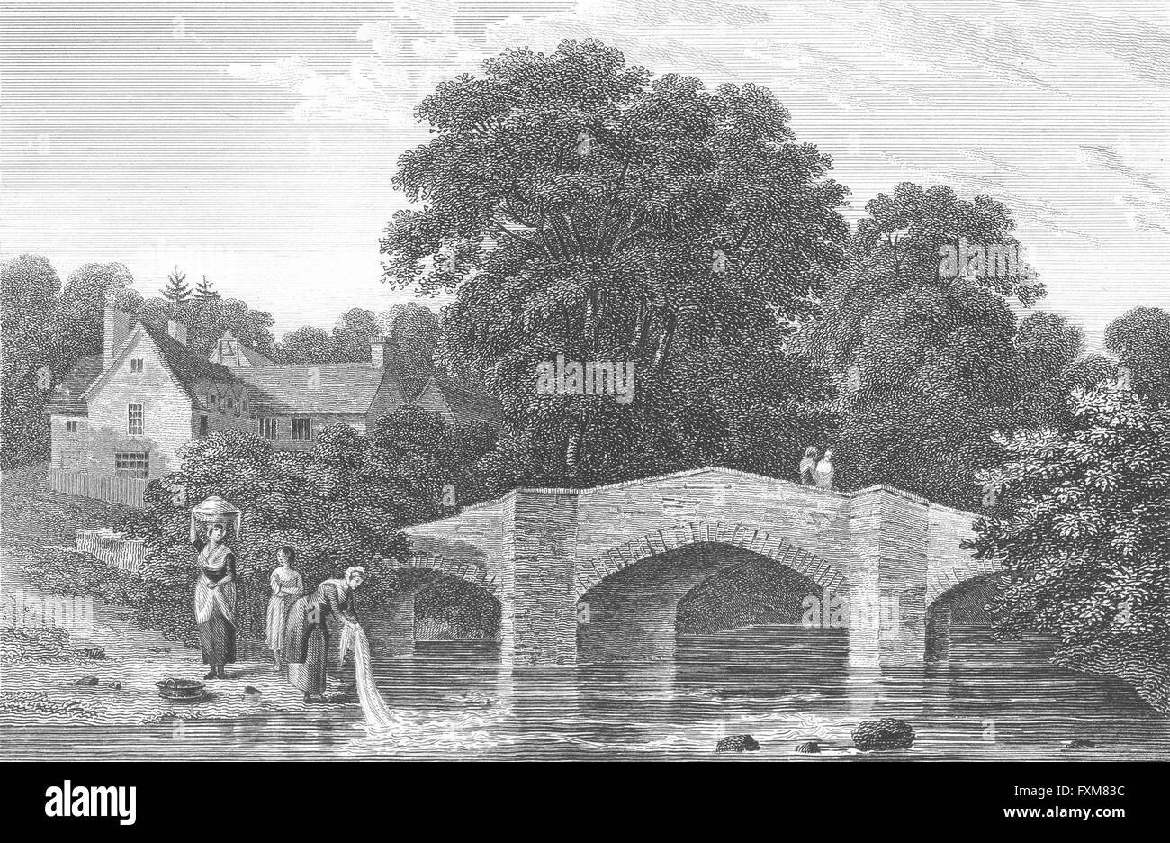 PONTYPOOL: Monmouth: Samuel bridge Women Wash river, antique print 1873 Stock Photo