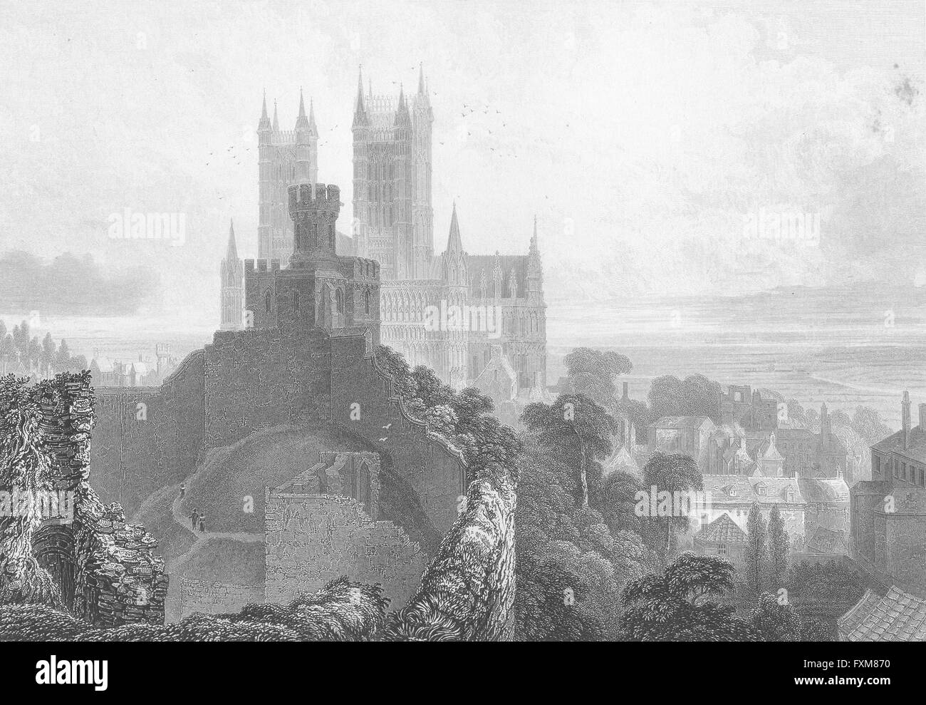 LINCOLN: Cathedral, Keep Castle: city, antique print 1827 Stock Photo