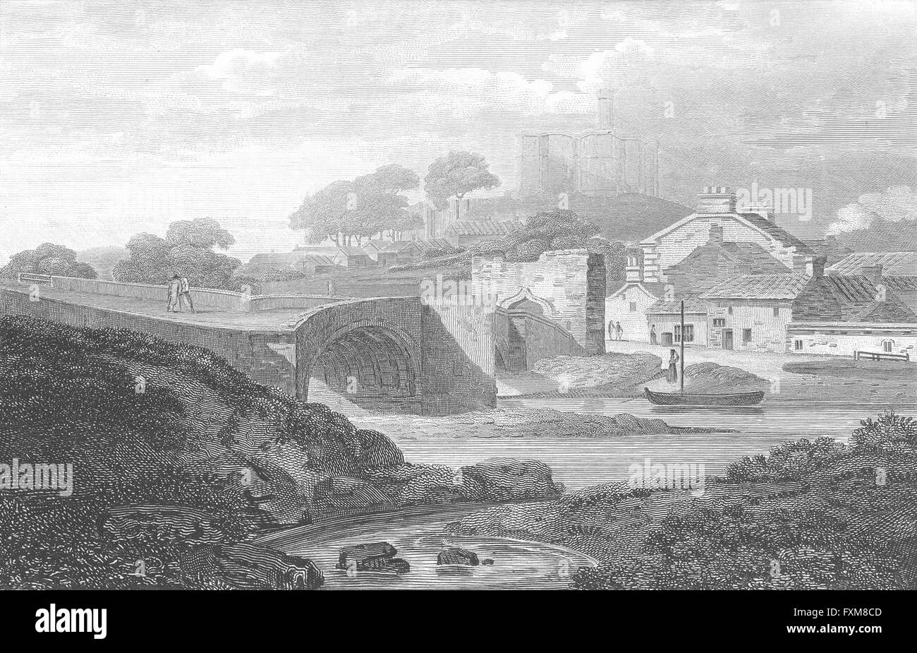 NORTHUMBS: Warkworth Castle Girtin bridge, antique print 1873 Stock Photo