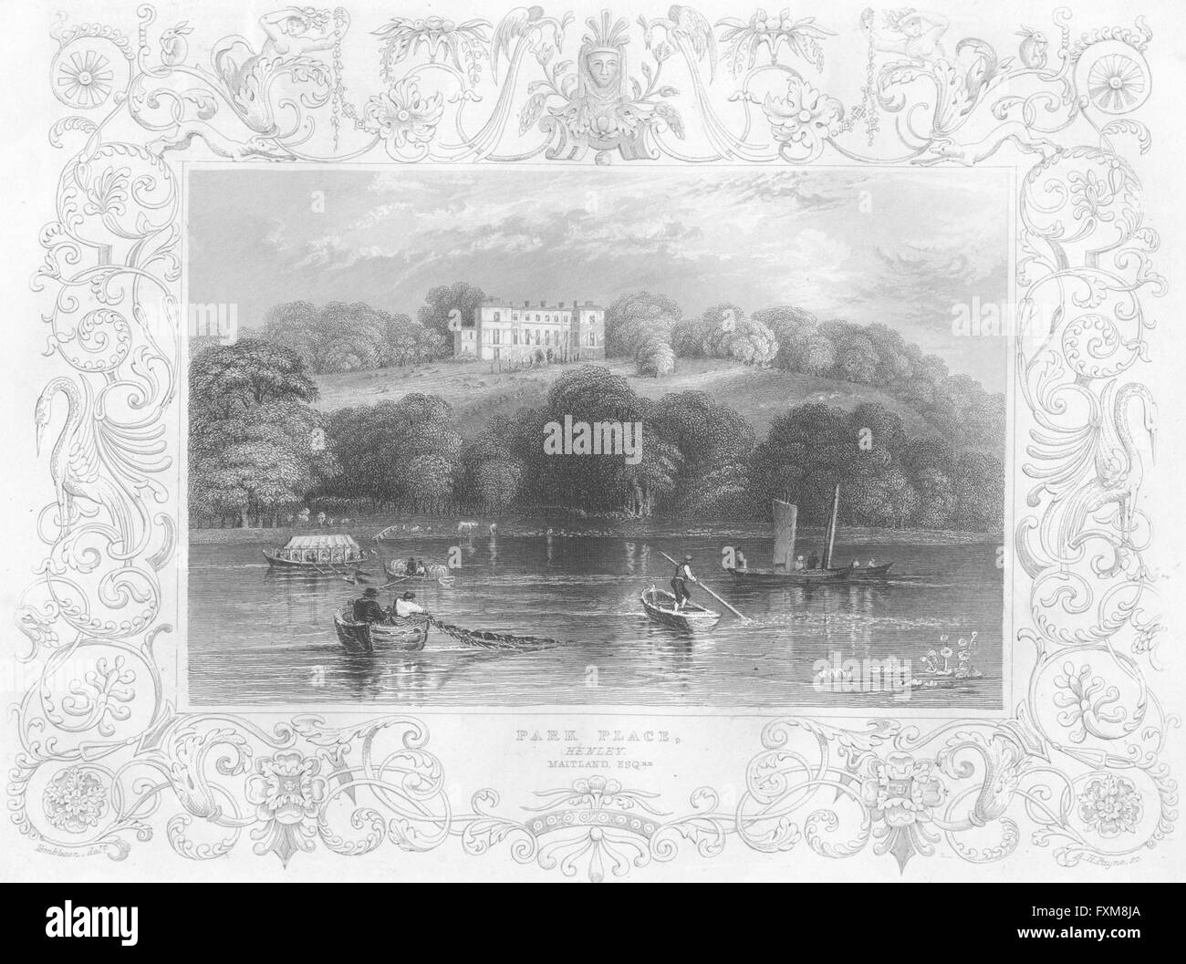 BERKS Park Place, Henley Maitland Oxon boat, antique print 1840