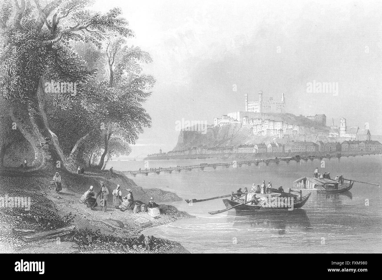 HUNGARY: Presburg: river bridge boat tree building, antique print 1840 Stock Photo