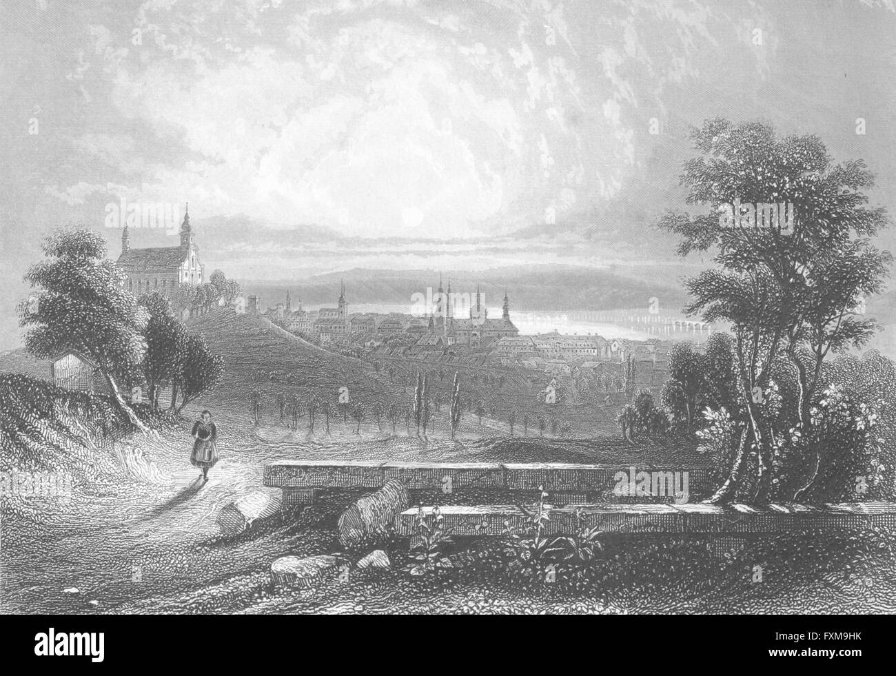 GERMANY: Fulda: Payne Trees Buildings river bridge, antique print 1847 Stock Photo