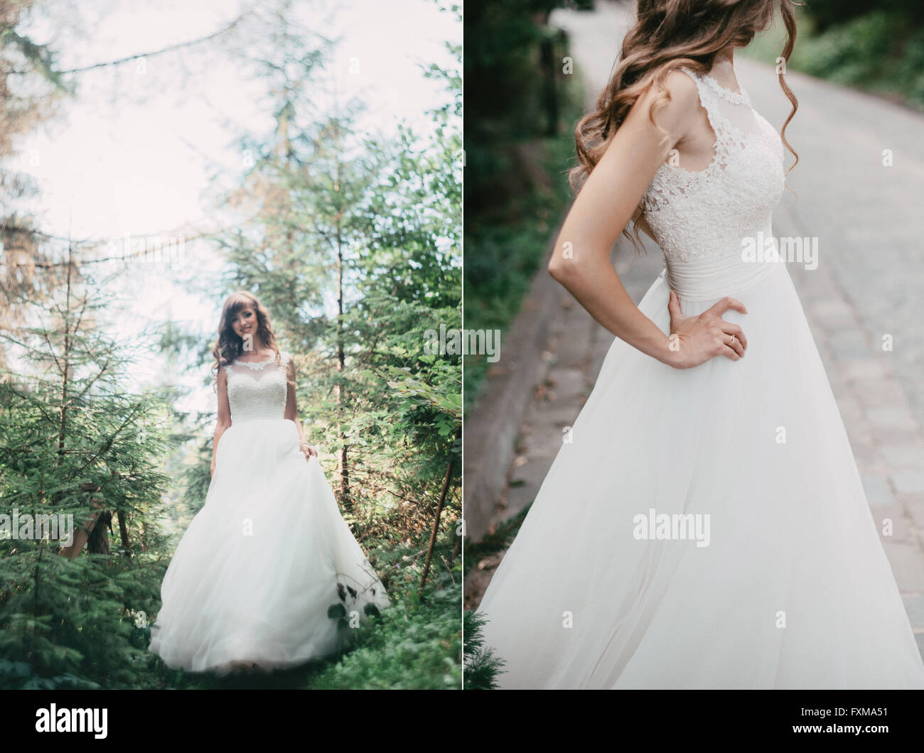 Beautiful young bride in white dress walking through the forest Stock ...