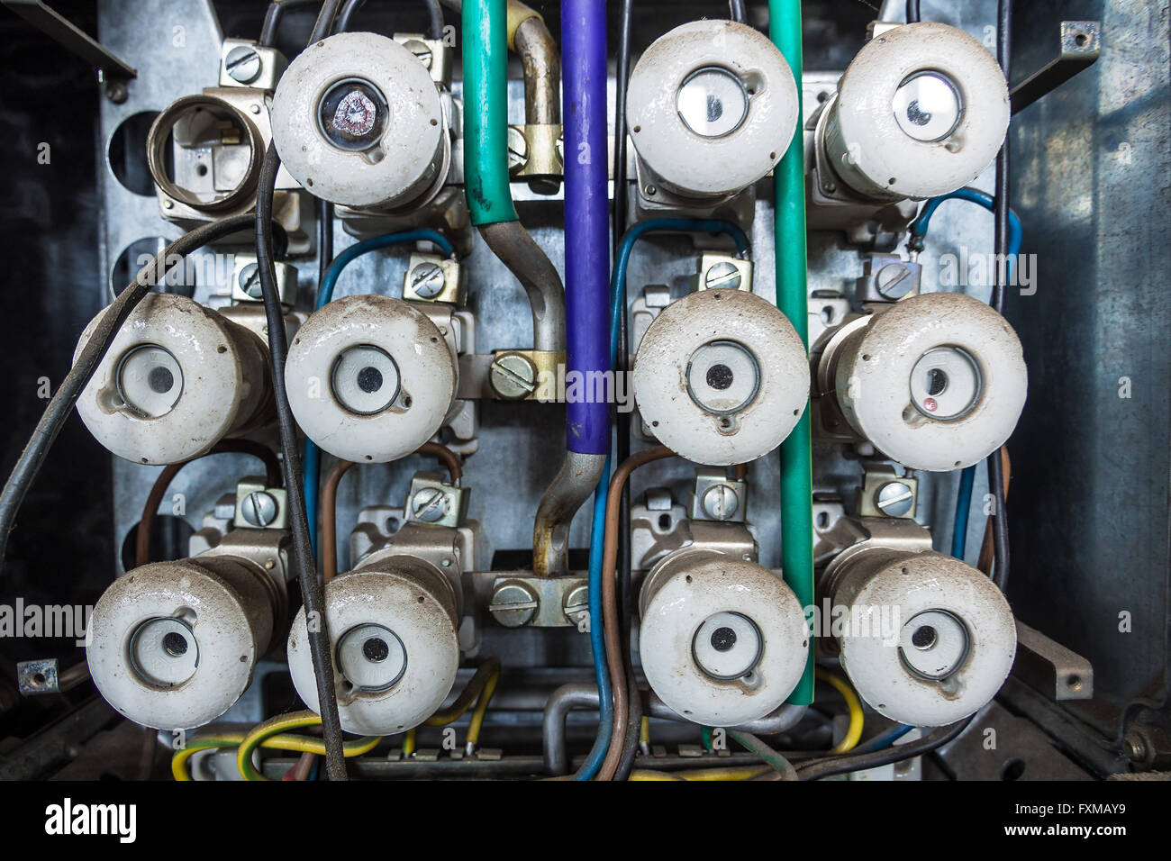 An old fuse box out of order Stock Photo