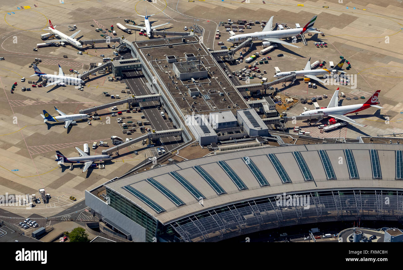 Air Berlin jet, aerial view, gates and entry finger to the aircraft, terminal buildings, airport, Dusseldorf, Rhineland, Stock Photo