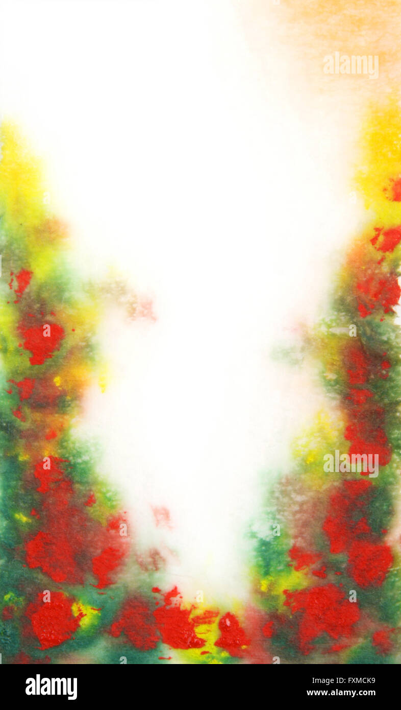 Abstract hand drawn watercolor background: green leaves and red flowers ...