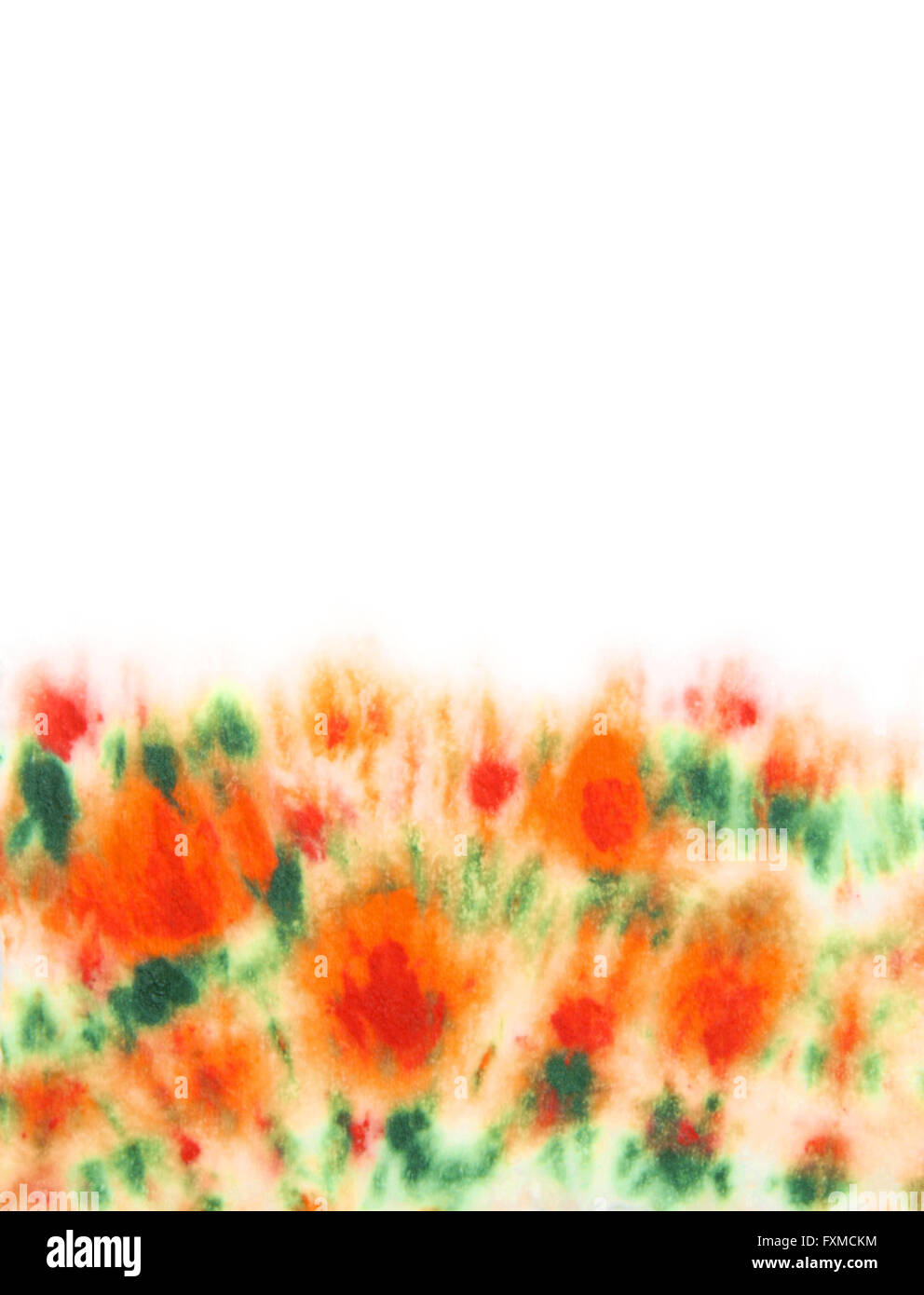 Abstract hand drawn watercolor background: green leaves and red flowers ...