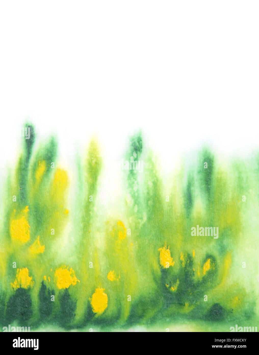 Abstract hand drawn watercolor background: green grass and yellow ...