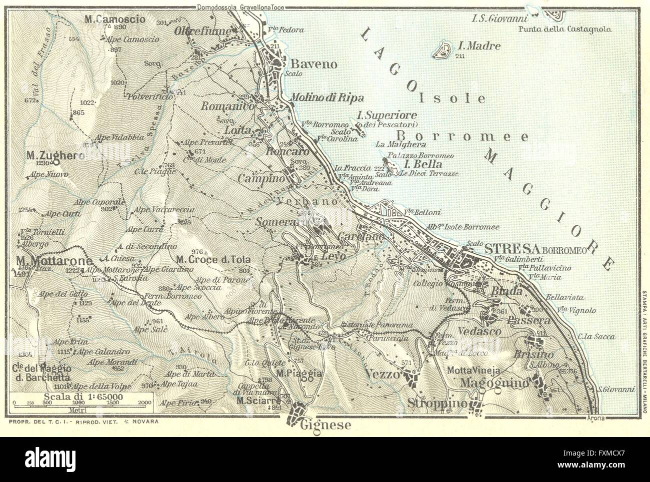 Vintage map plan Stresa Baveno Gignese Italy 1927 LAKE LAGO MAGGIORE 