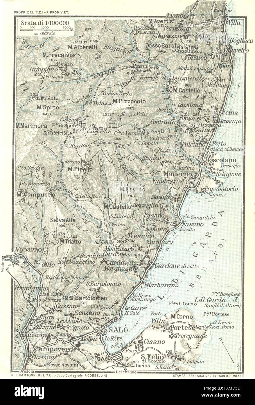 LAKE LAGO DI GARDA. Vintage map plan. Salo. Italy, 1927 Stock Photo