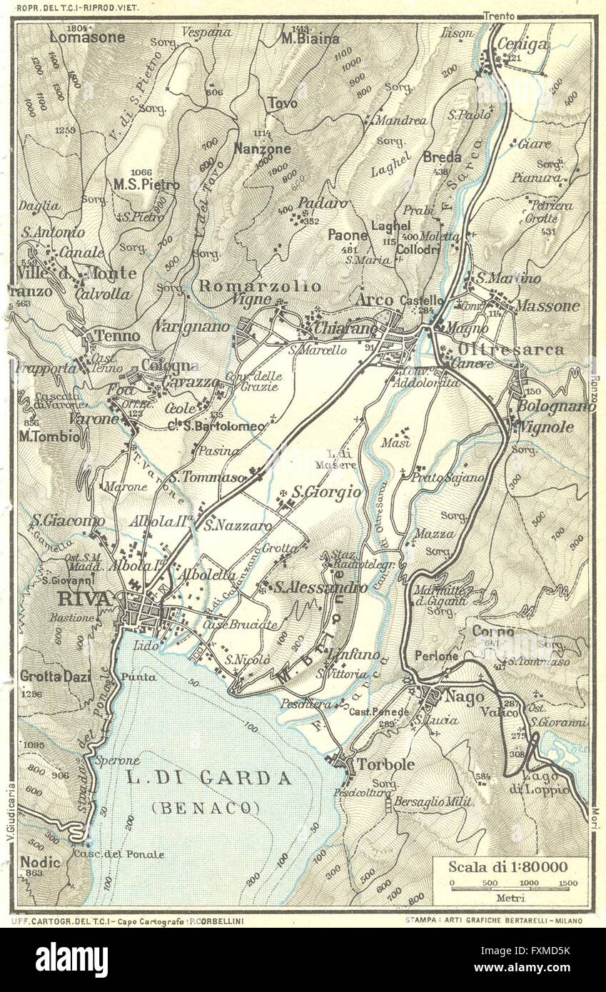 LAKE LAGO DI GARDA (BENACO) . Riva Arco &c. Vintage map plan. Italy, 1927 Stock Photo