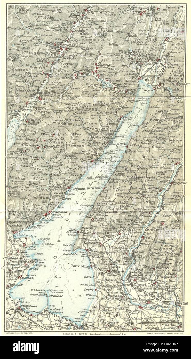 LAKE LAGO DI GARDA. Vintage map plan. Salo Riva. Italy, 1927 Stock Photo