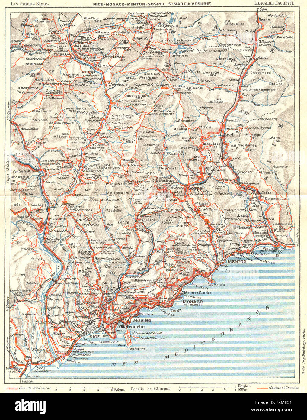 COTE D'AZUR: Nice Monaco Menton Vesubie, 1926 vintage map Stock Photo