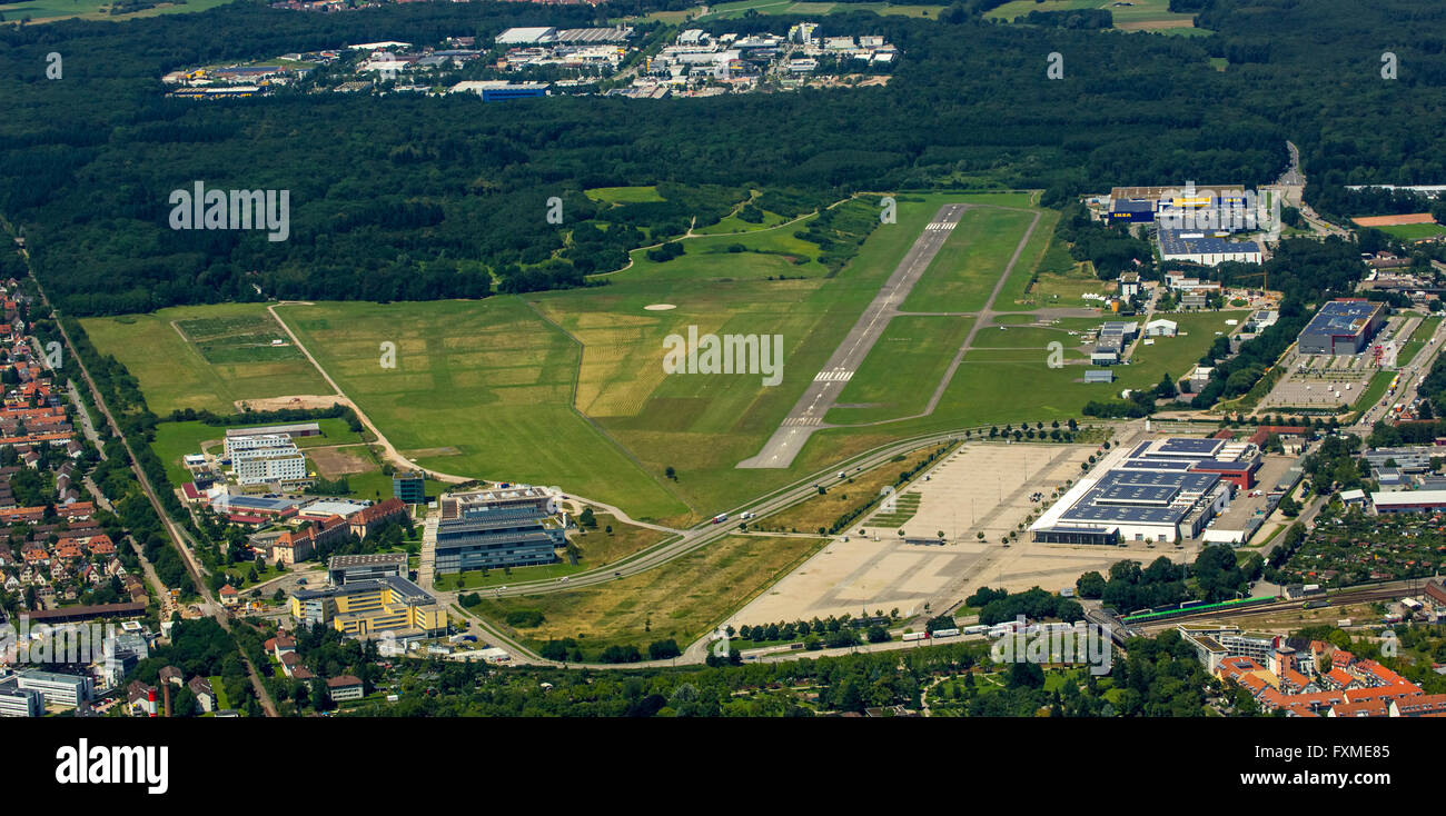 Aerial view, airfield Freiburg, EDTF ICAO code, airport Freiburg Breisgau GmbH, Freiburg, Breisgau, Baden-Württemberg, Stock Photo