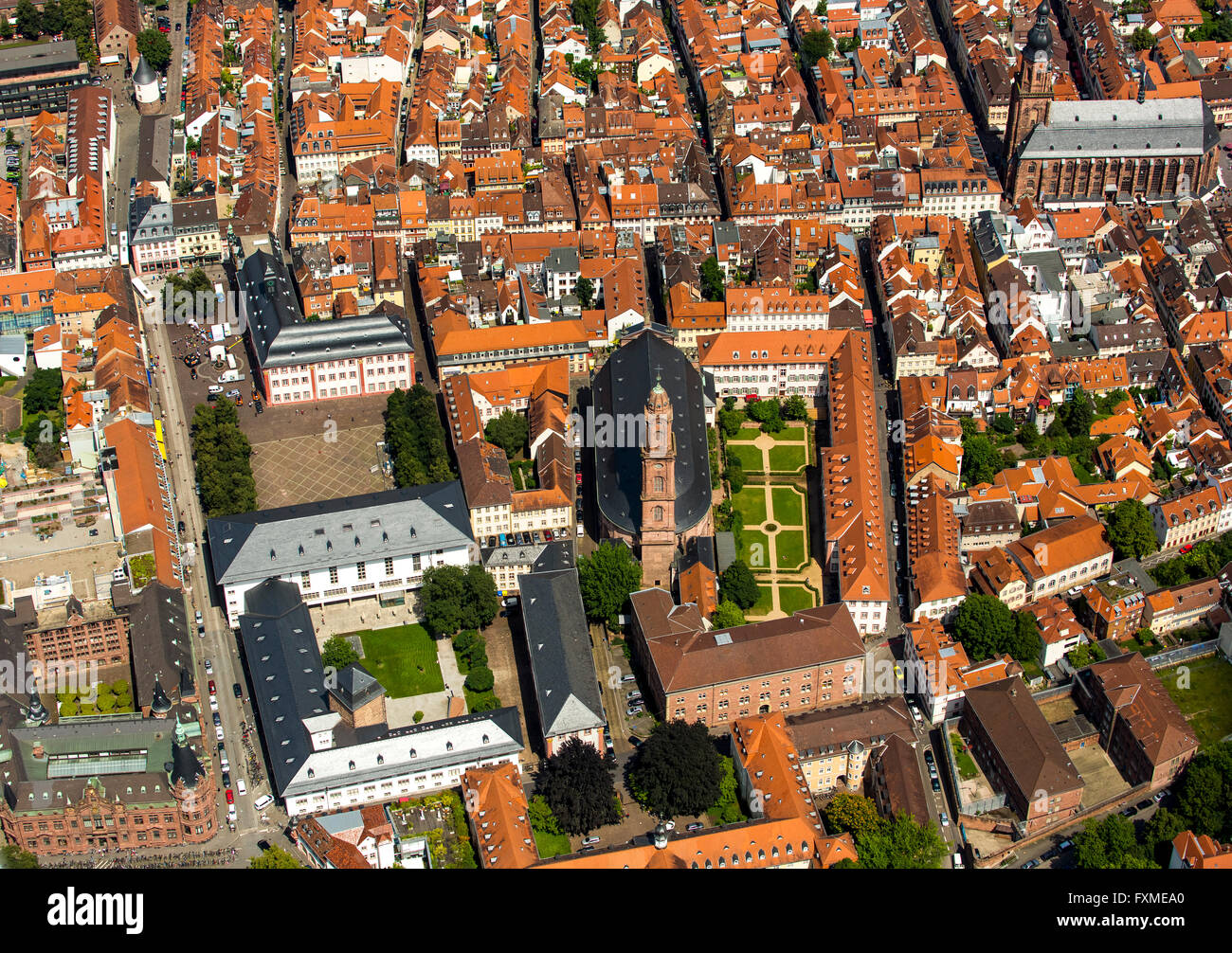 Aerial view, Jesuit Church, Parish Holy Spirit and St. Ignatius, next to the University Square, Heidelberg, Rhein-Neckar-Kreis, Stock Photo