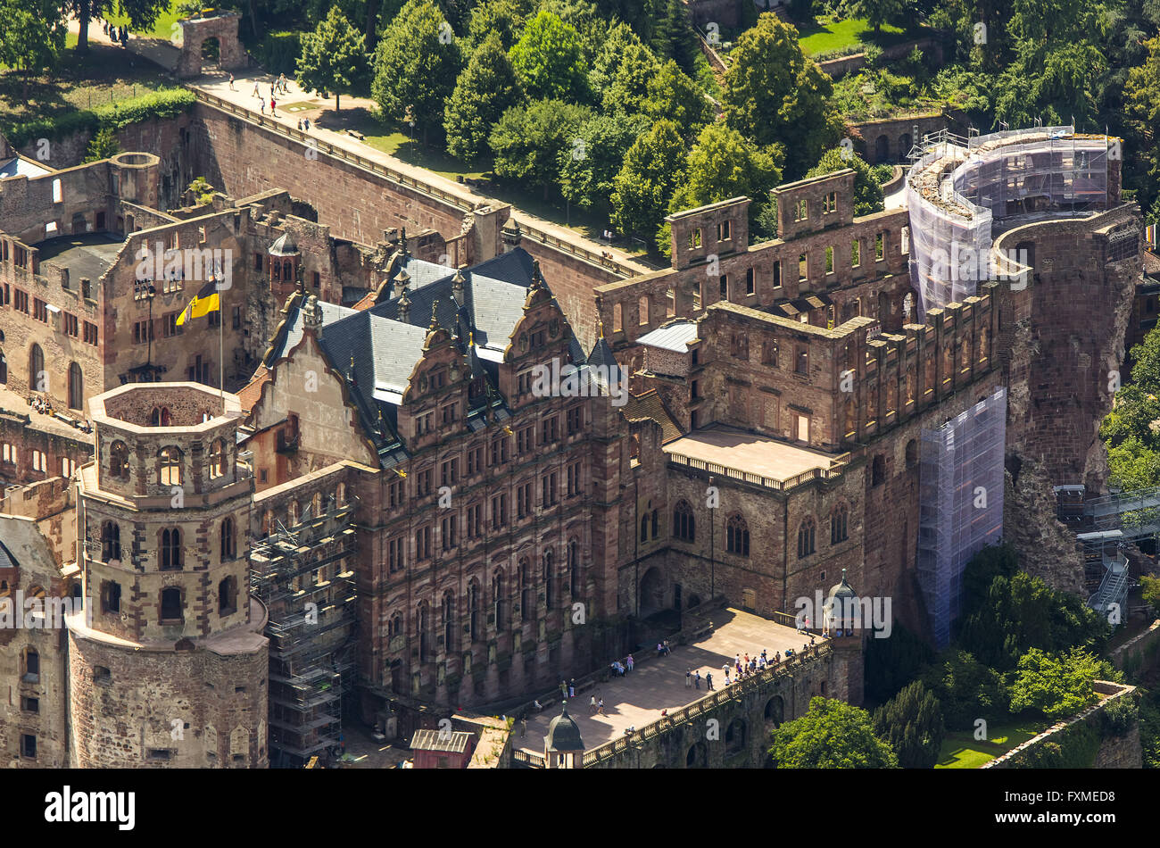 Aerial view, Schloss Heidelberg, Heidelberg Castle, Heidelberg castle ruin, castle courtyard, Friedrichsbau, Heidelberg, Stock Photo