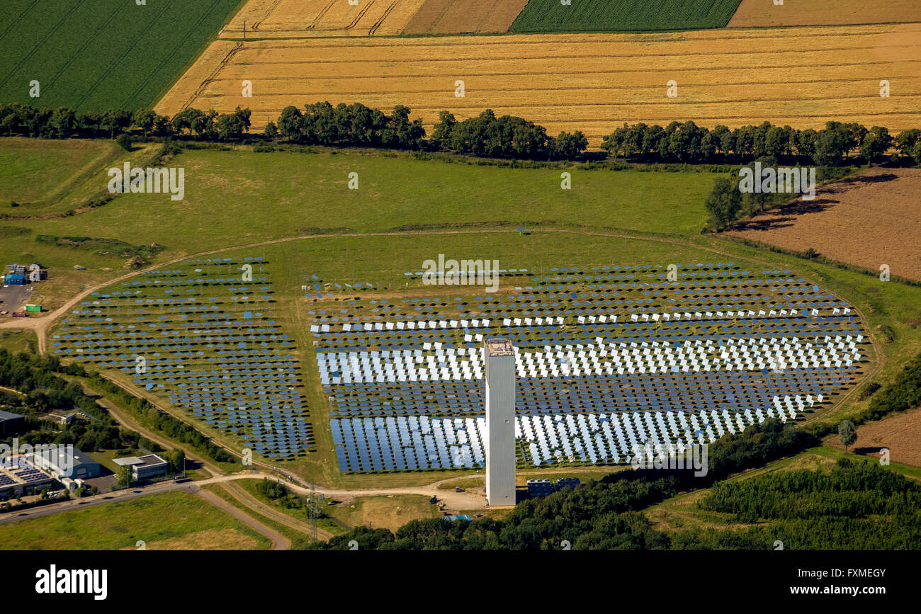 Aerial view, concentrated solar power, solar thermal power plant, solar tower in Jülich, German Aerospace Center, DLR, Stock Photo