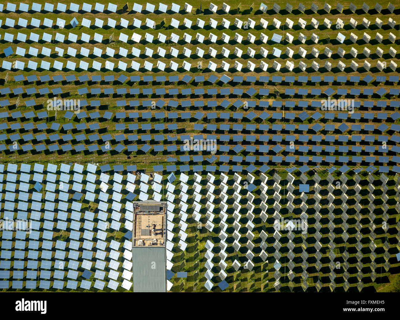 Aerial view, concentrated solar power, solar thermal power plant, solar tower in Jülich, German Aerospace Center, DLR, Stock Photo