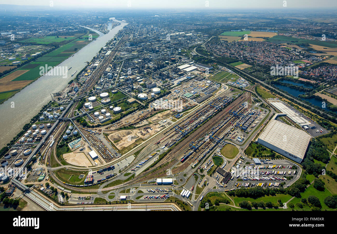 Aerial view, BASF Ludwigshafen, Baden Aniline and Soda factories Ludwigshafen, Chemical Plant, KTL Kombo-Terminal Ludwigshafen, Stock Photo