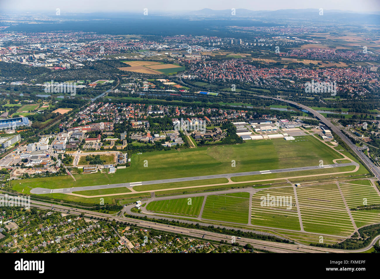 Aerial view, airport Mannheim-Neuostheim, airfield, general aviation