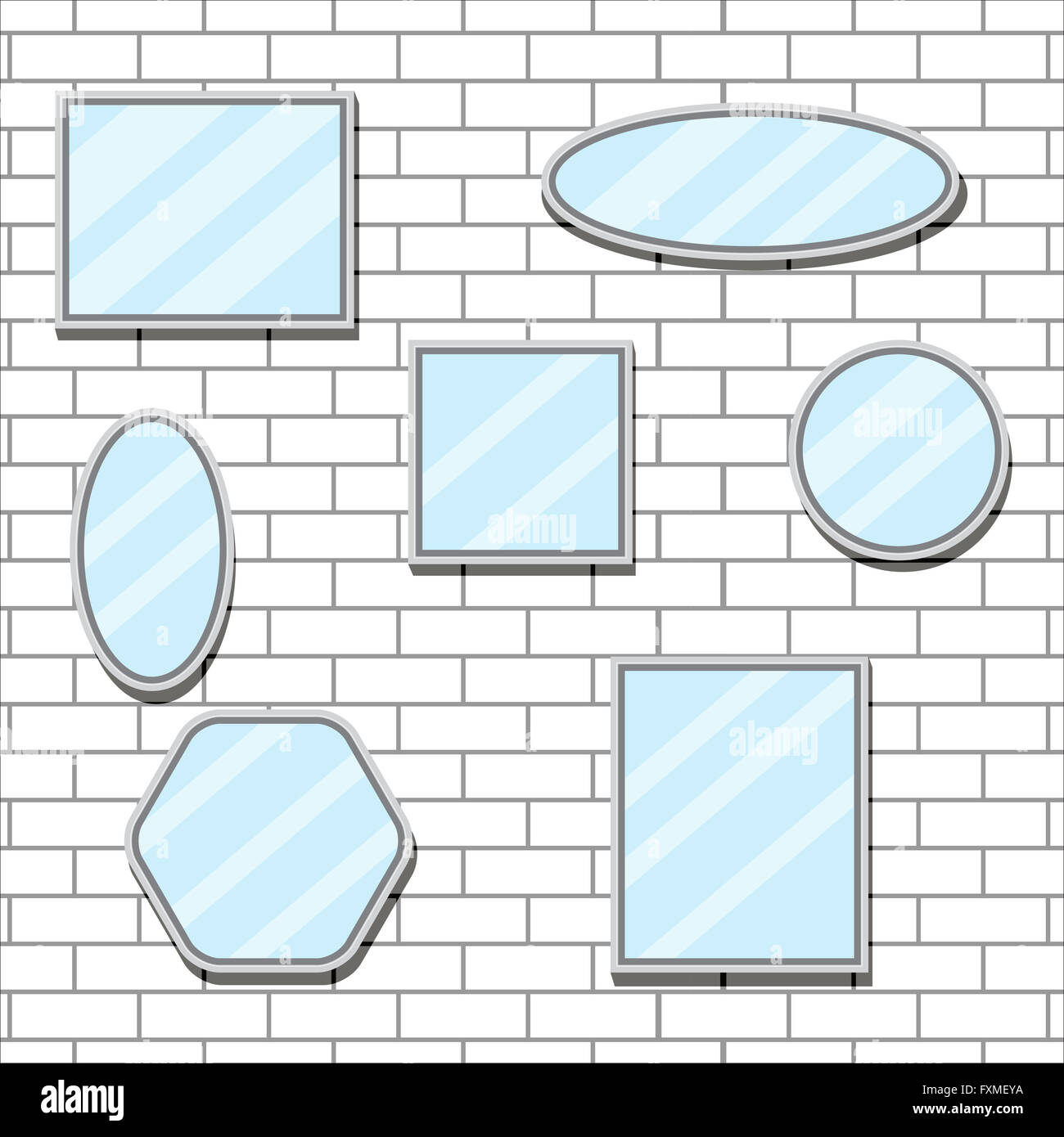Mirror set design form on brick wall. Mirror reflection and mirror