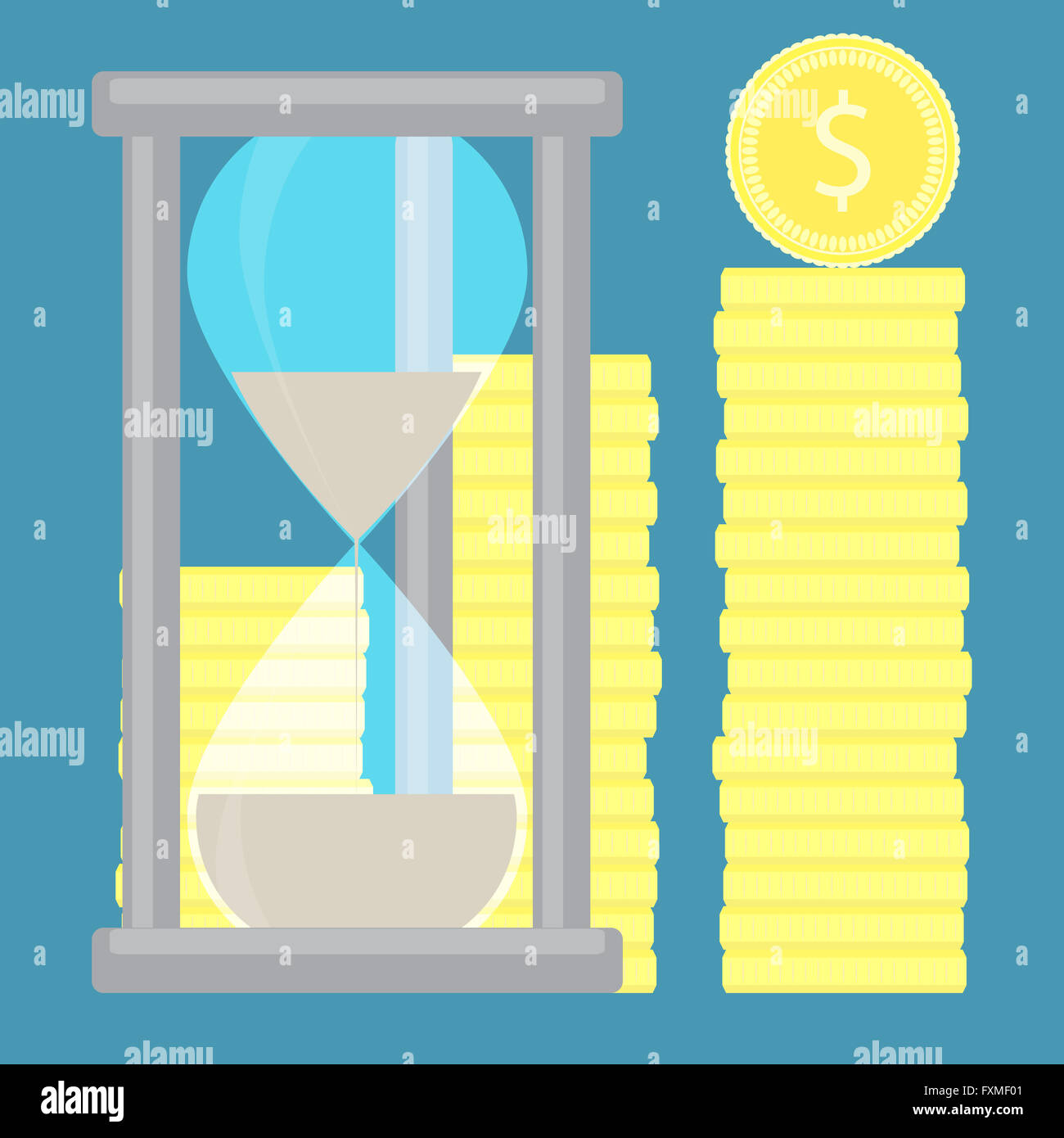 Time is money. Hourglass with coin golden stock. Time and time