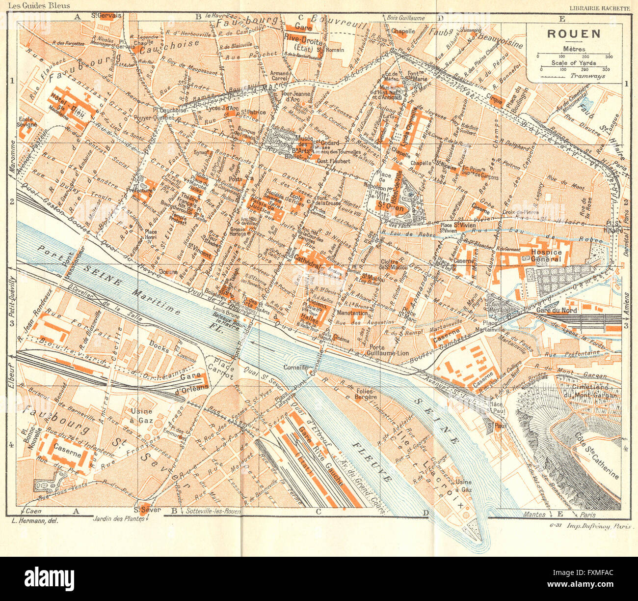 FRANCE: Rouen, 1932 vintage map Stock Photo