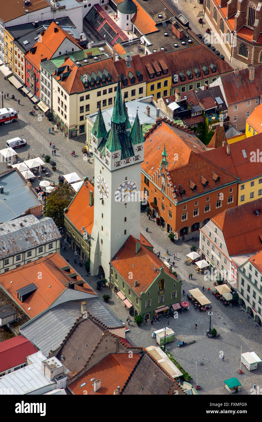 Aerial view, City Tower at Theresienplatz Straubing, Eastern Bavaria, Bavaria, Germany, Europe, Aerial view, birds-eyes view Stock Photo