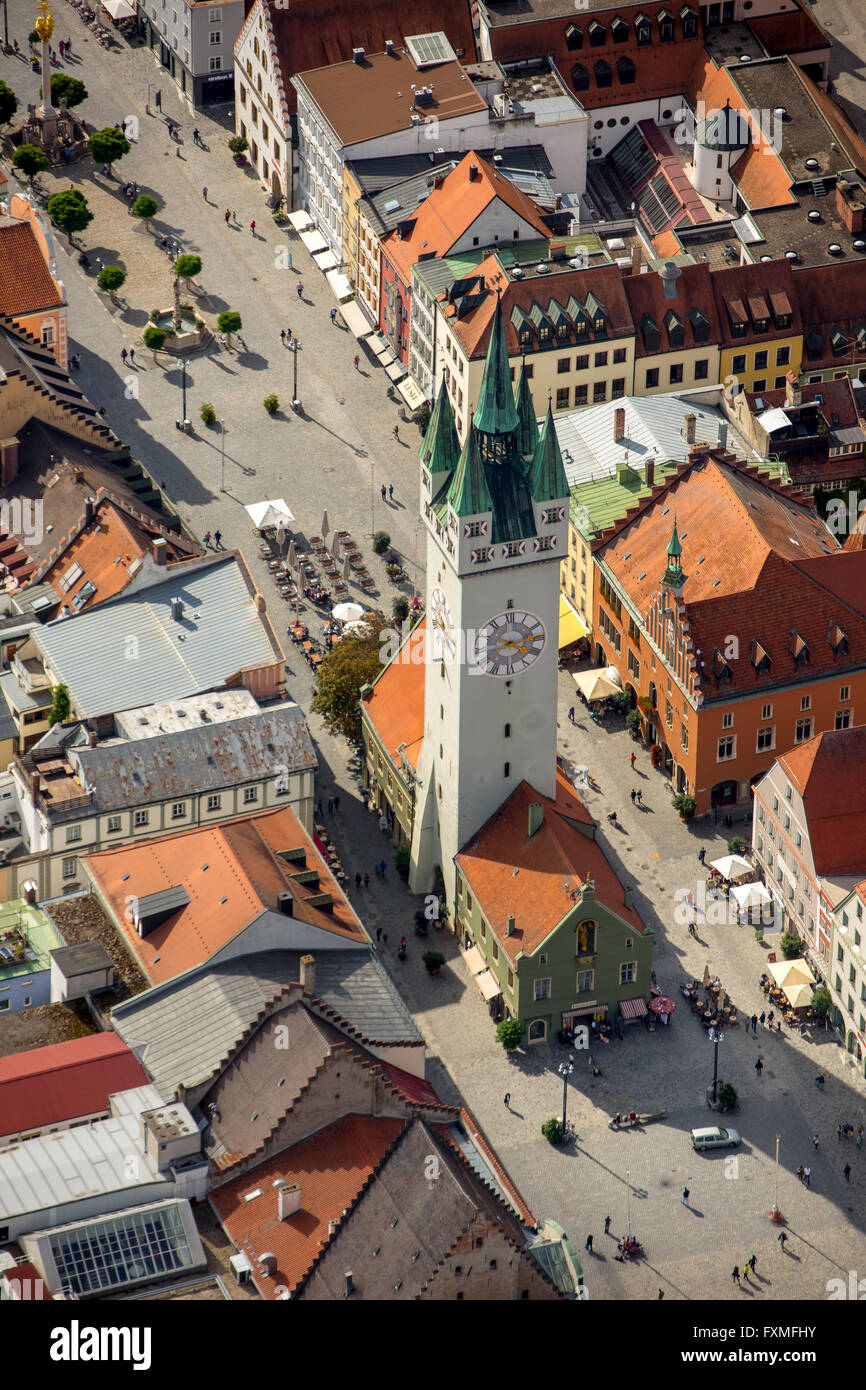 Aerial view, City Tower at Theresienplatz Straubing, Eastern Bavaria, Bavaria, Germany, Europe, Aerial view, birds-eyes view, Stock Photo