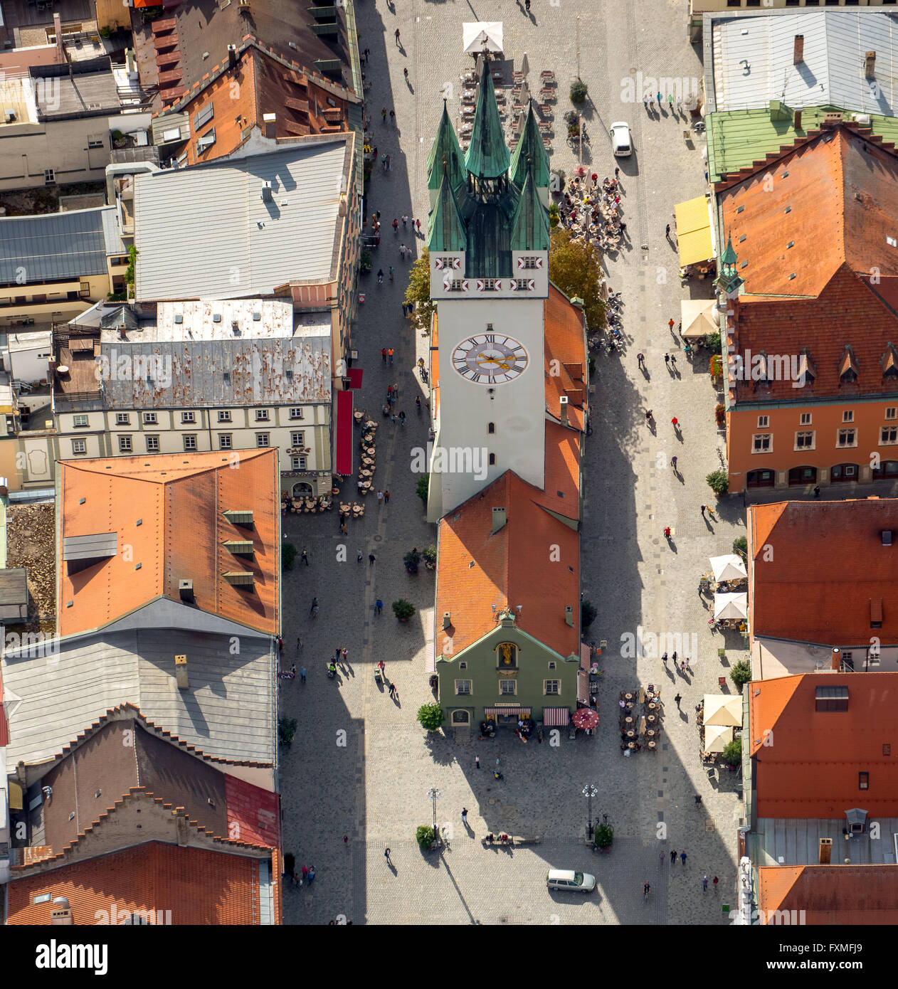Aerial view, City Tower at Theresienplatz Straubing, Eastern Bavaria, Bavaria, Germany, Europe, Aerial view, birds-eyes view, Stock Photo