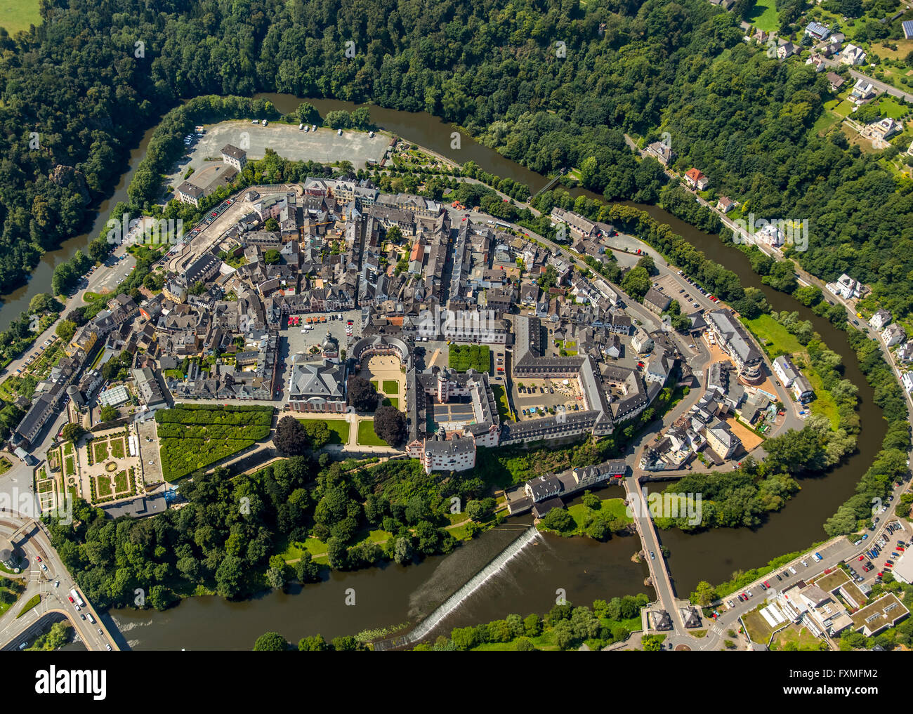 Aerial view, Renaissance castle Weilburg, Weilburg Castle, Baroque castle, Old Town Hall and Castle Church with tower,river Lahn Stock Photo