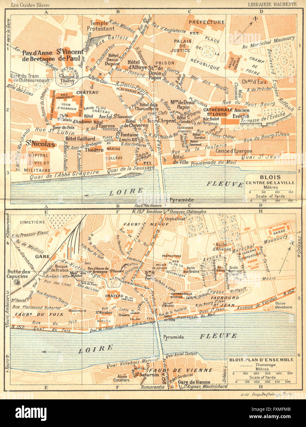FRANCE: Blois Centre de Ville; -plan d'Ensemble, 1932 vintage map Stock Photo