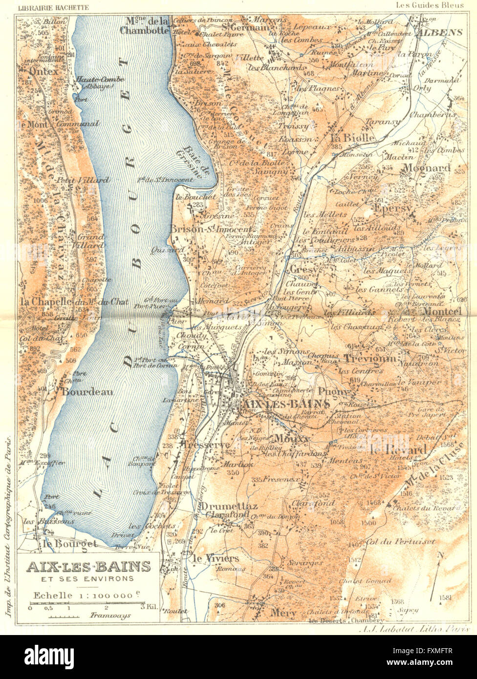 FRENCH ALPS. Aix-Les-Bains. Alpes Françaises, 1926 vintage map Stock Photo