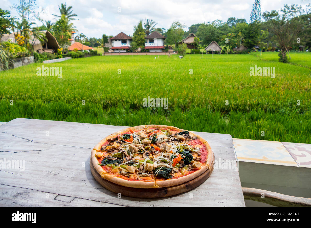 Pizza with Landscape Field at Background, Ubud, Bali, Indonesia Stock Photo
