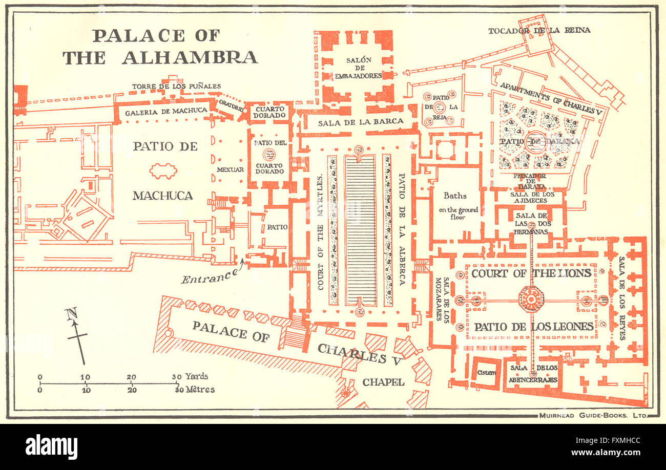 Alhambra palace map hi res stock - Spain Palace Of The Alhambra 1929 Vintage Map FXMHCC 