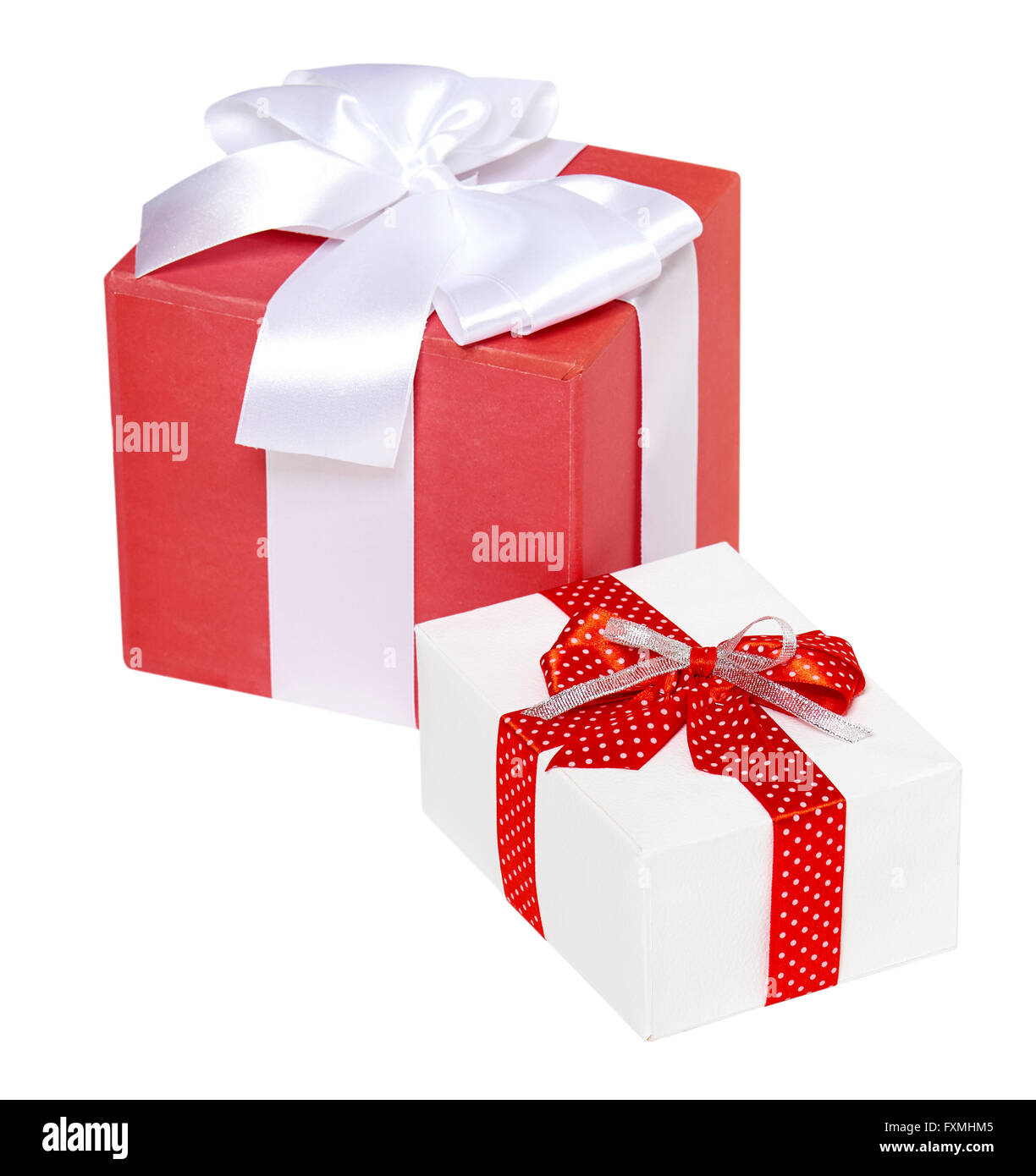 Two Ribbons Gift two gift box decorated silk red ribbon and bow, object on white studio ...