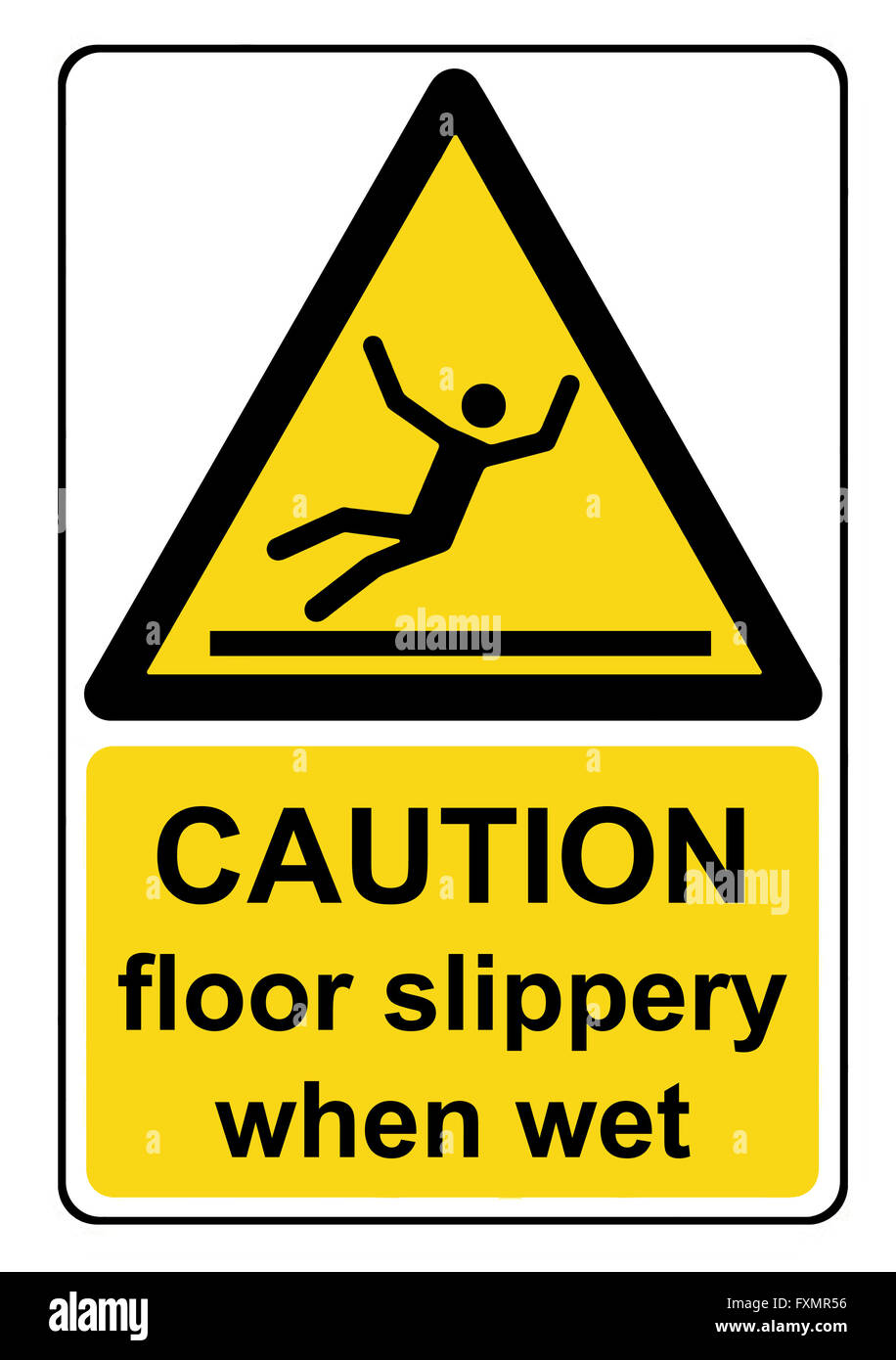 Caution floor slippery when wet yellow warning sign Stock Photo