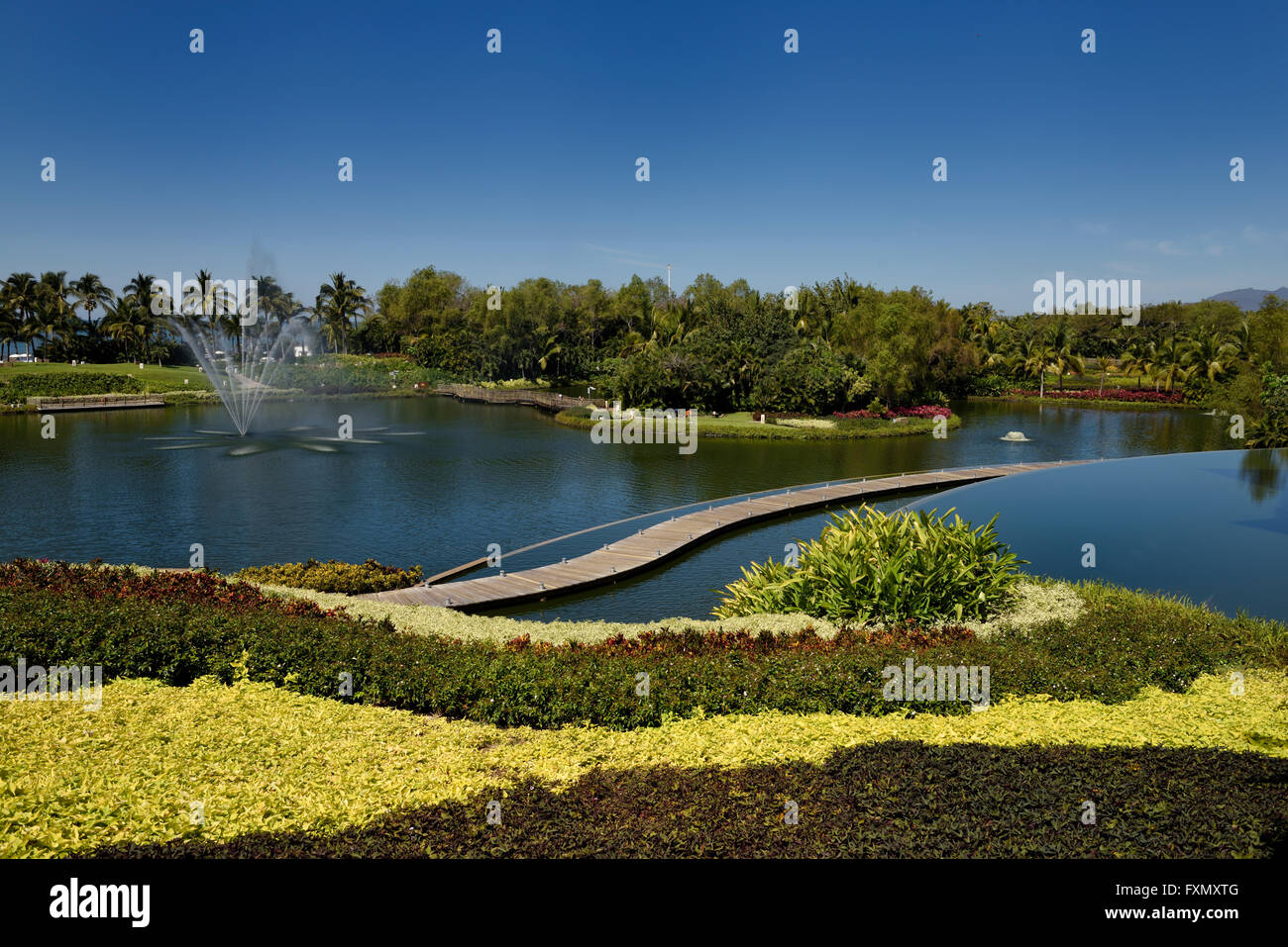 Gardens and pond fountain at Vidanta resort Nuevo Vallarta Mexico Stock Photo