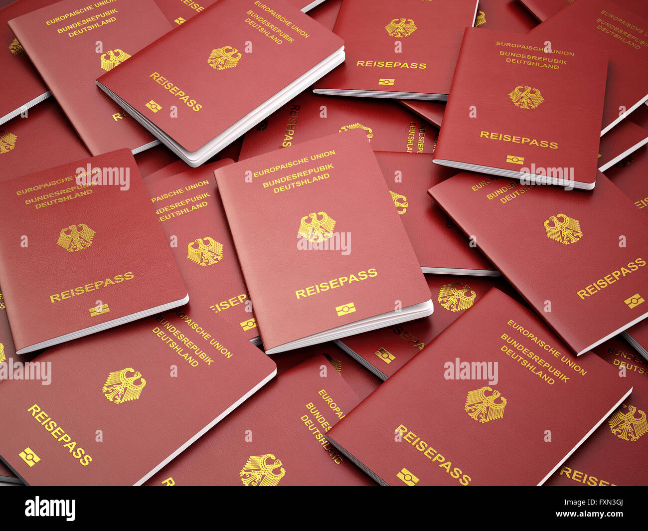 Germany passport background. Immigration or travel concept. Pile of german passports. 3d illustration Stock Photo