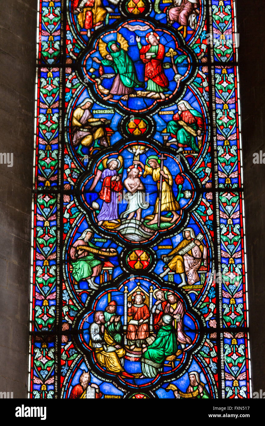 Stained glass window in Ely Cathedral, Cambridgeshire, England, UK