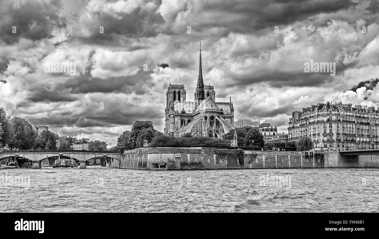 Paris, France. View from the pleasure boats on the Notre - Dame de Paris and the Square of de- France Island. Stock Photo