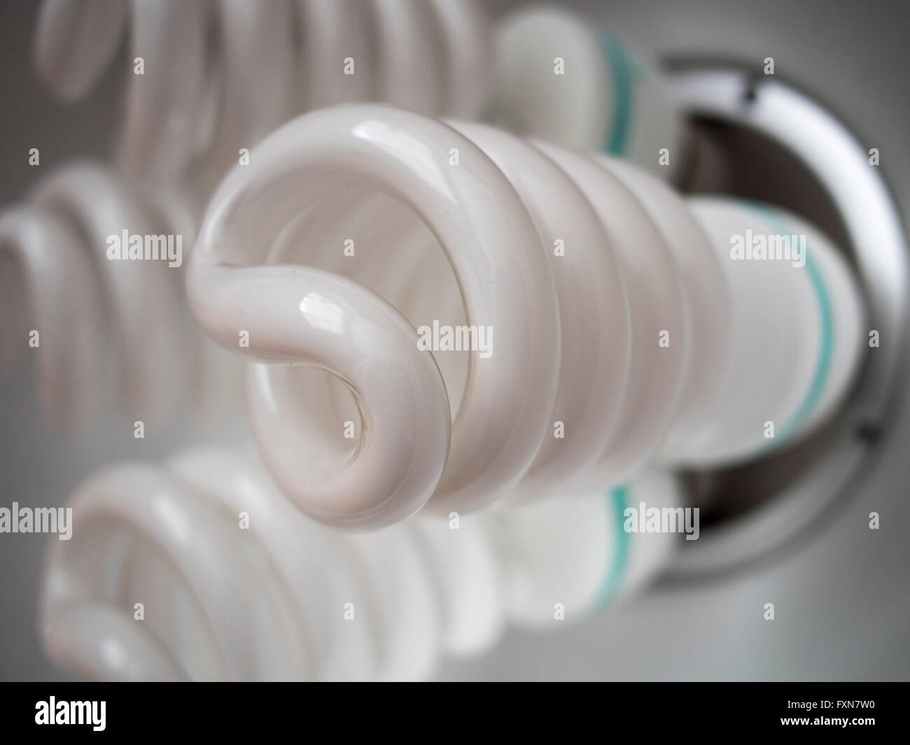 Four large eco-friendly low-energy spiral lighbulbs. Stock Photo