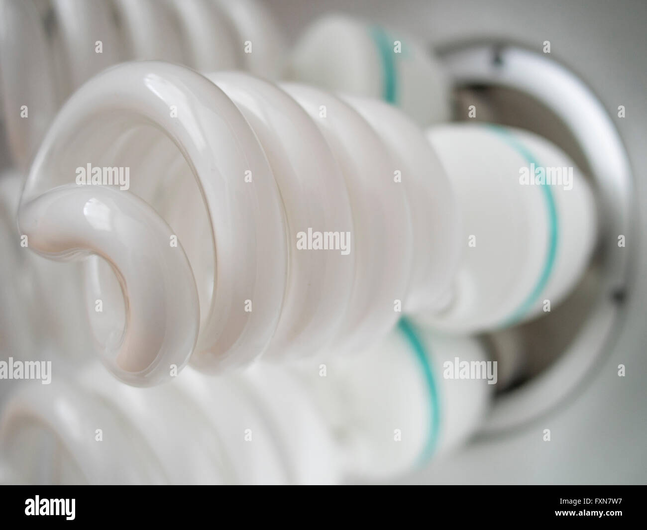 Four large eco-friendly low-energy spiral lighbulbs. Stock Photo