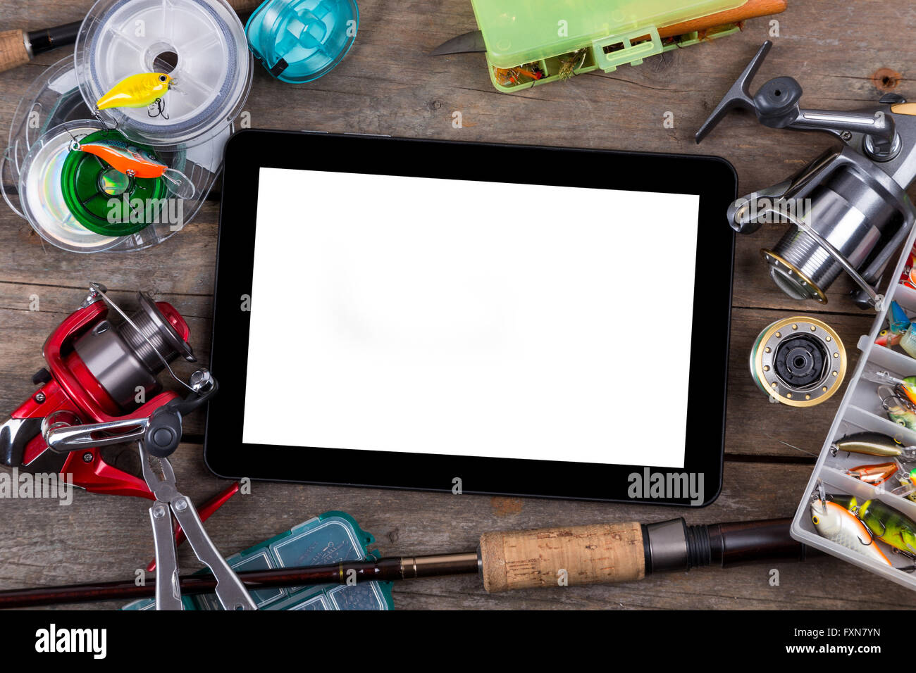 Download Mockup Frame Fishing Tackles And Fishing Baits In Box On Wooden Board Background Design For Adventure Sport Business Template Stock Photo Alamy