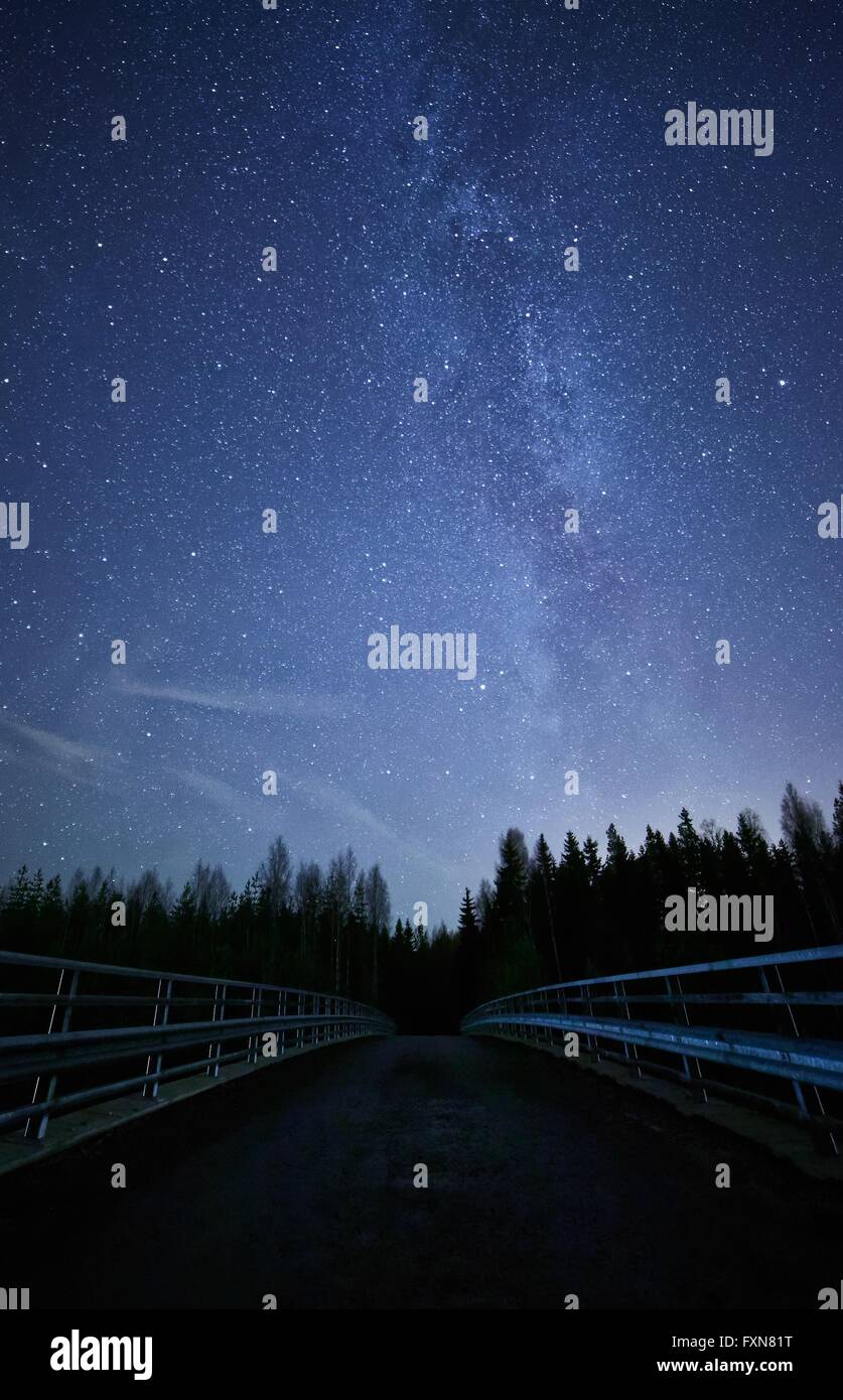 A night sky full of stars and visible milky way with a bridge on foreground. Road leading to dark forest. Stock Photo