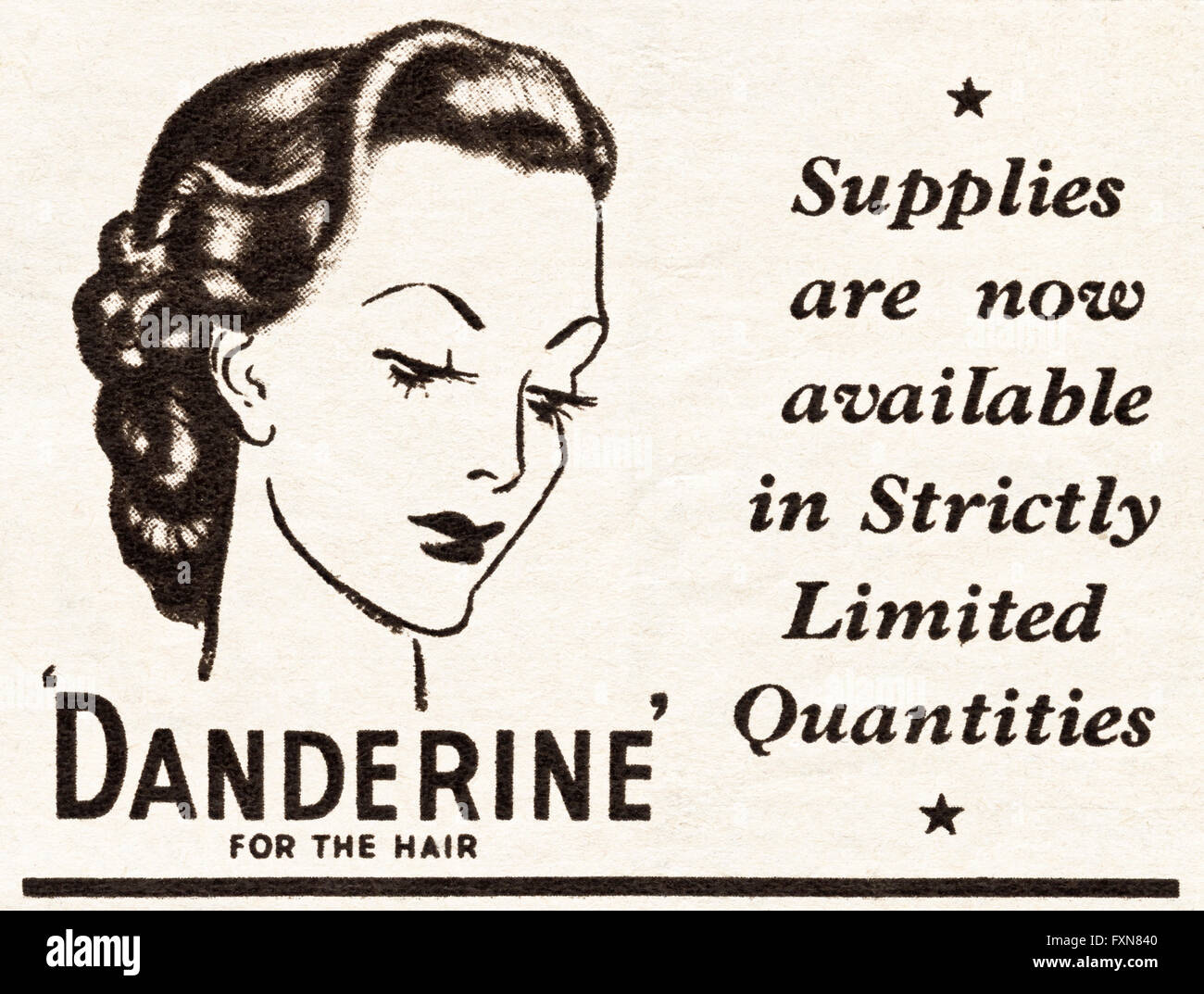 Original old vintage magazine advert from the WW2 period. Wartime advertisement dated 1944 advertising Danderine hair tonic Stock Photo