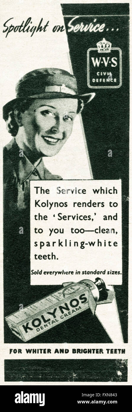 Original old vintage magazine advert from the WW2 period. Wartime advertisement dated 1944 advertising Kolynos dental cream featuring WVS Civil Defence Stock Photo