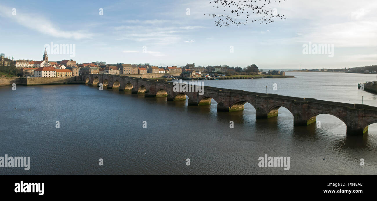 The old bridge over the River Tweed leading to Berwick-upon-Tweed. Built 1610-16. The main link between England and Scotland. Stock Photo