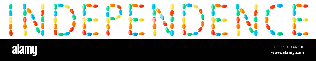 Independence lettering made of multicolored candies isolated on white ...